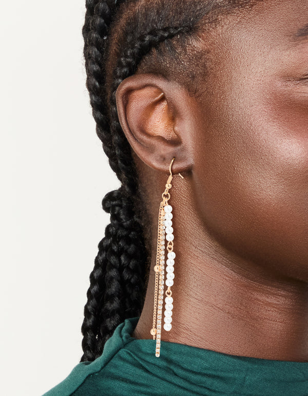 Gold Pearl Station & Diamante Cup Chain Drop Earrings
