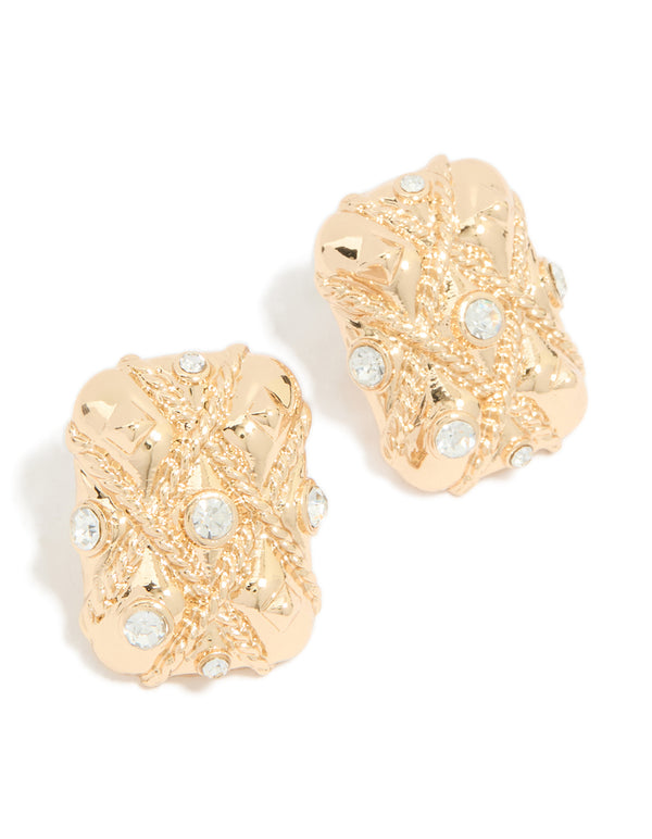 Gold Diamante Textured Cross Stud Earrings