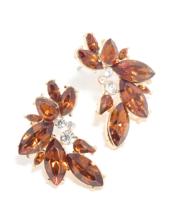 Gold Brown Diamante Marquise Fan Earrings