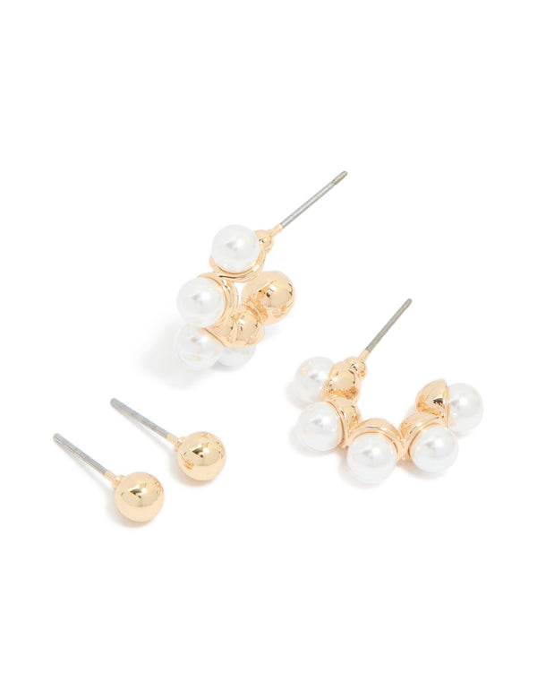 Gold Pearl Huggie & Ball Stud Earrings 2-Pack