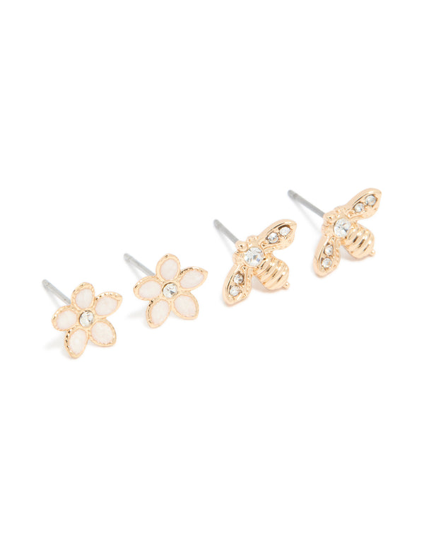 Gold Flower & Bee Stud Earrings 2-Pack