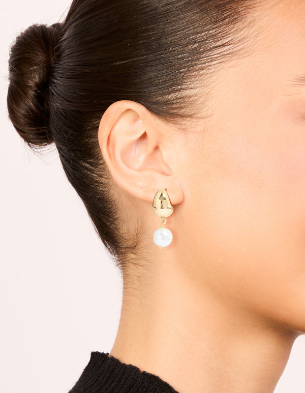 Gold Pearl Drop Open Huggie Earrings