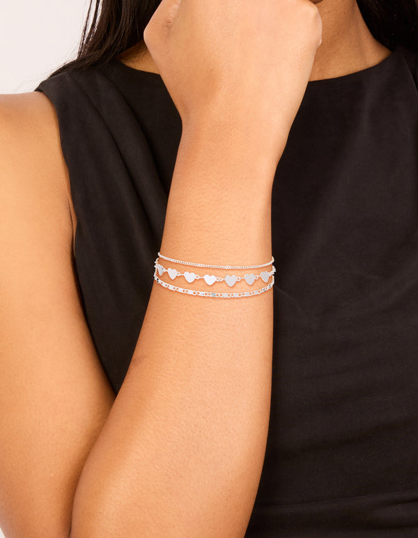 Silver Chain & Station Heart Bracelets 3-Pack