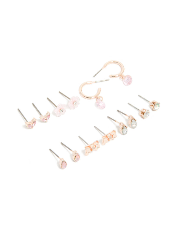 Rose Gold Cubic Zirconia Flower & Bow Earrings 7-Pack