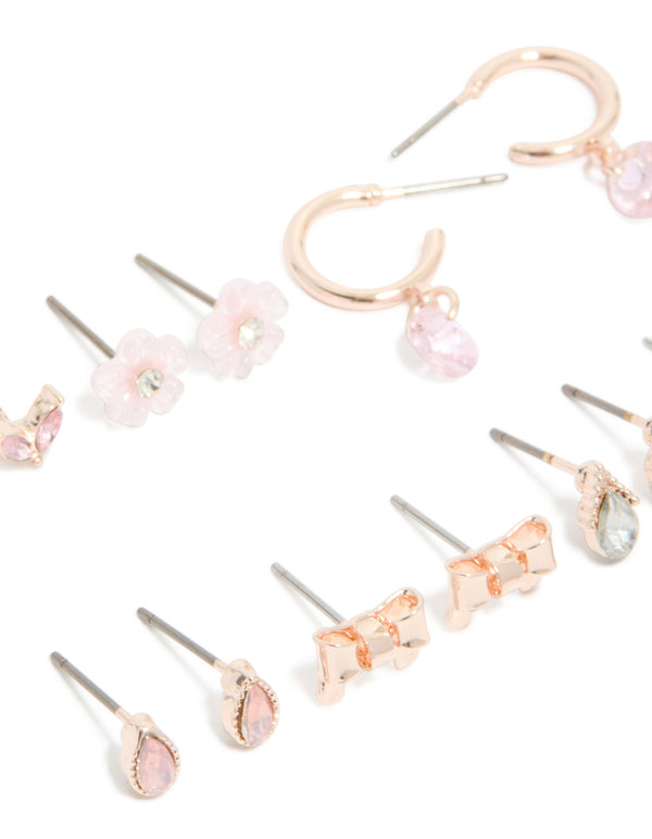 Rose Gold Cubic Zirconia Flower & Bow Earrings 7-Pack