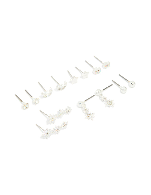 Silver Diamante Star & Moon Earrings 7-Pack