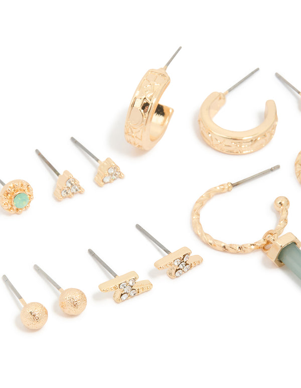 Gold Green Diamante Stud Earrings 7-Pack