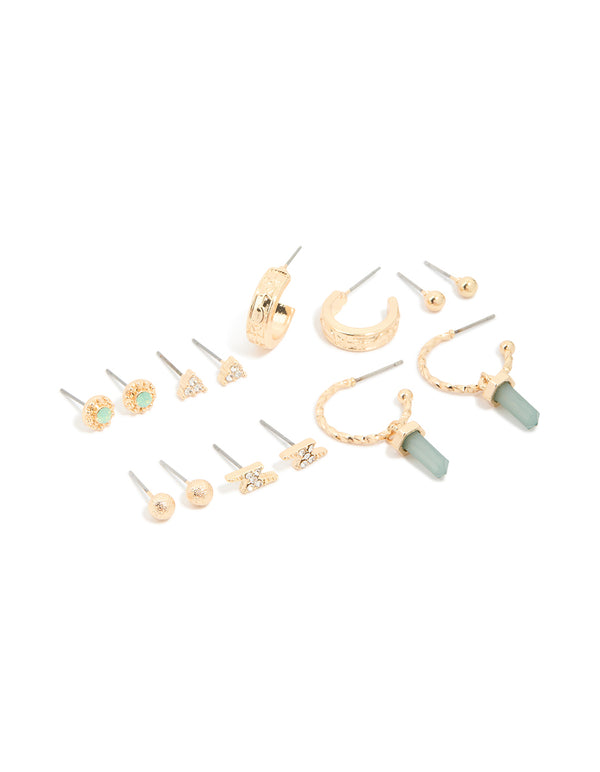 Gold Green Diamante Stud Earrings 7-Pack