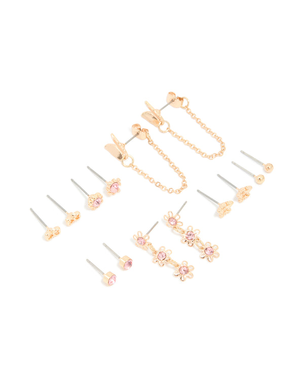 Gold Pink Diamante Studs & Butterfly Chain Earrings 7-Pack