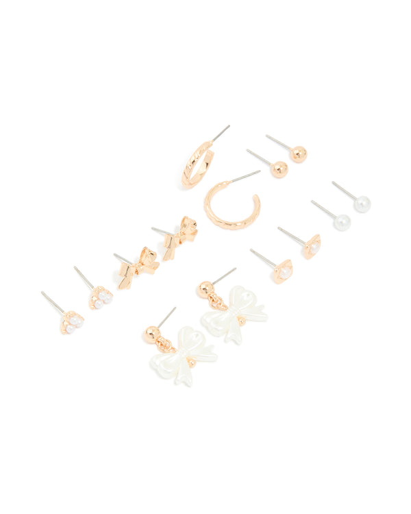 Gold Pearl Bow Stud Earrings 7-Pack