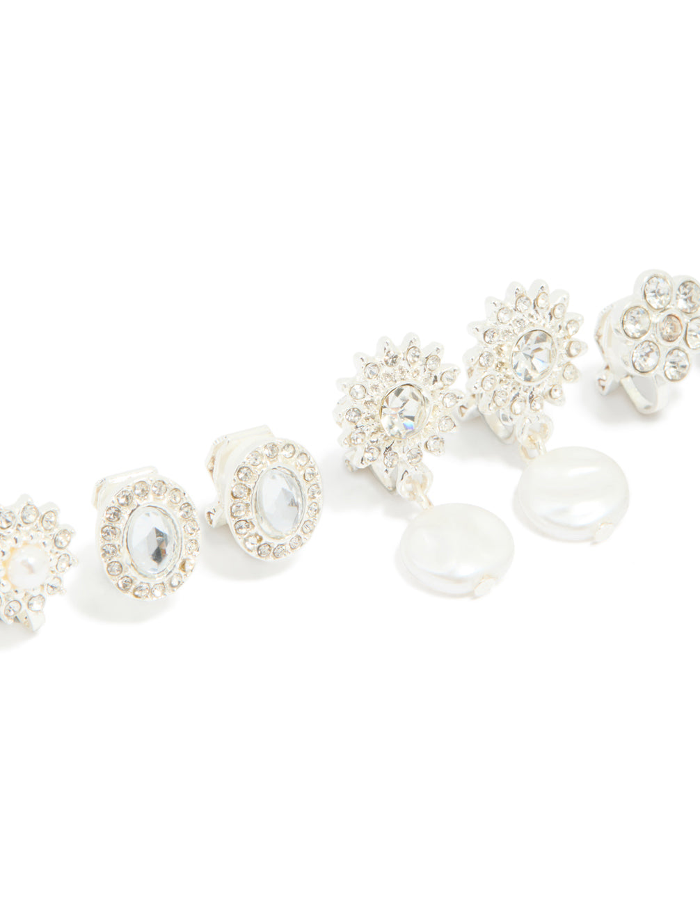 Silver Diamante & Pearl Flower Clip On Earrings 4-Pack