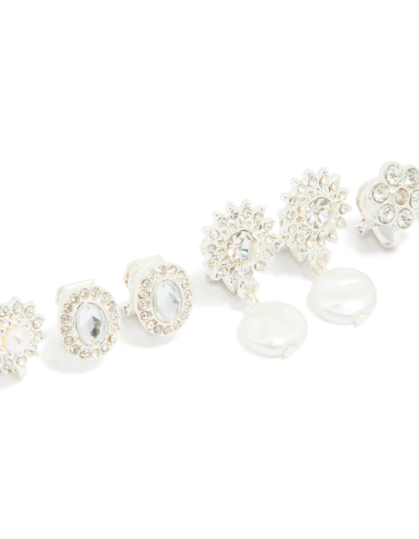 Silver Diamante & Pearl Flower Clip On Earrings 4-Pack