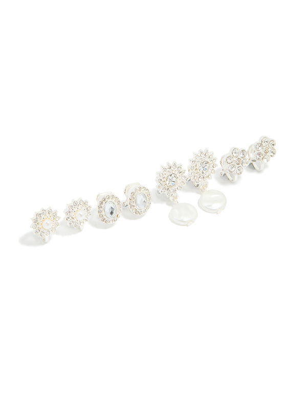 Silver Diamante & Pearl Flower Clip On Earrings 4-Pack