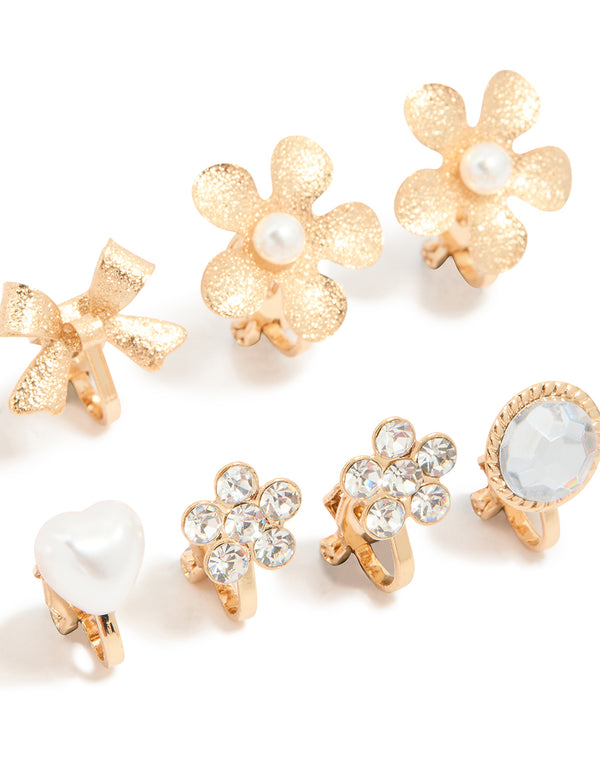 Gold Pearl Flower & Bow Clip On Earrings 4-Pack