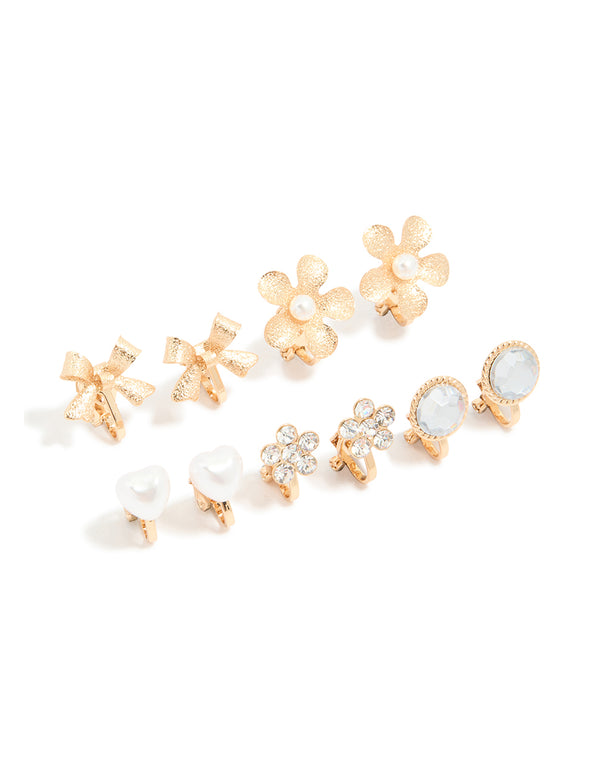 Gold Pearl Flower & Bow Clip On Earrings 4-Pack