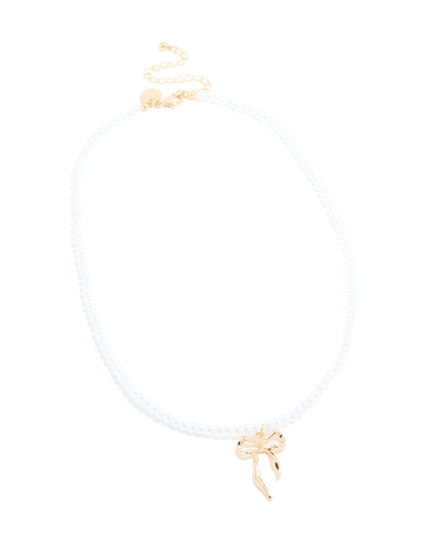 Gold Pearl & Bow Necklace