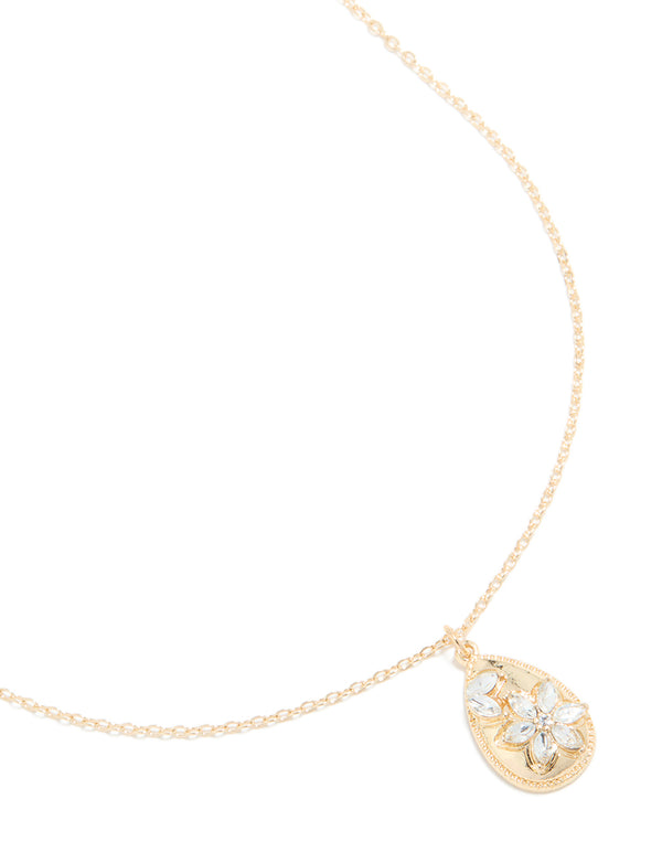 Gold Diamante Flower Teardrop Pendant Necklace