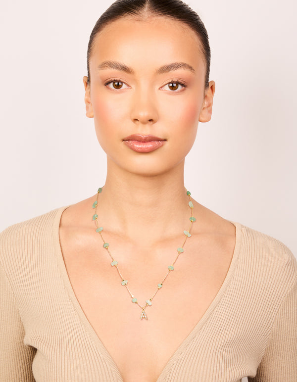 Gold Plated Green Aventurine Semi Precious Stone Cubic Zirconia Letter A Necklace