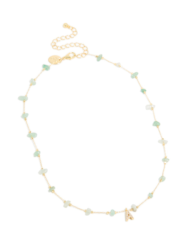 Gold Plated Green Aventurine Semi Precious Stone Cubic Zirconia Letter A Necklace