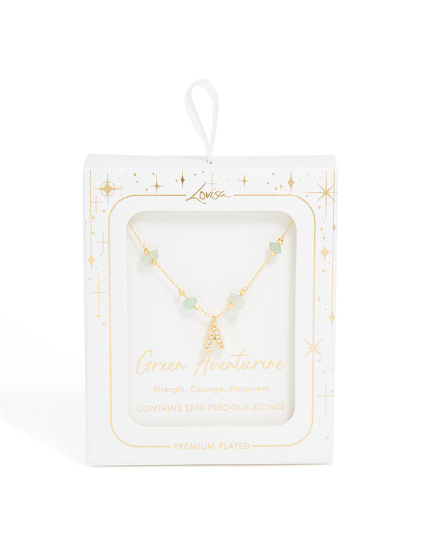 Gold Plated Green Aventurine Semi Precious Stone Cubic Zirconia Letter A Necklace