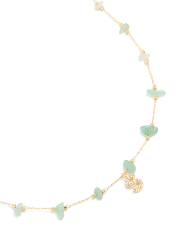 Gold Plated Green Aventurine Semi Precious Stone Cubic Zirconia Letter S Necklace