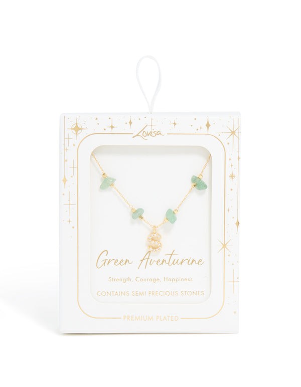 Gold Plated Green Aventurine Semi Precious Stone Cubic Zirconia Letter S Necklace
