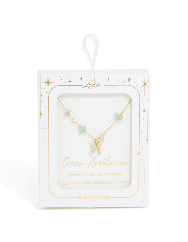 Gold Plated Green Aventurine Semi Precious Stone Cubic Zirconia Letter M Necklace
