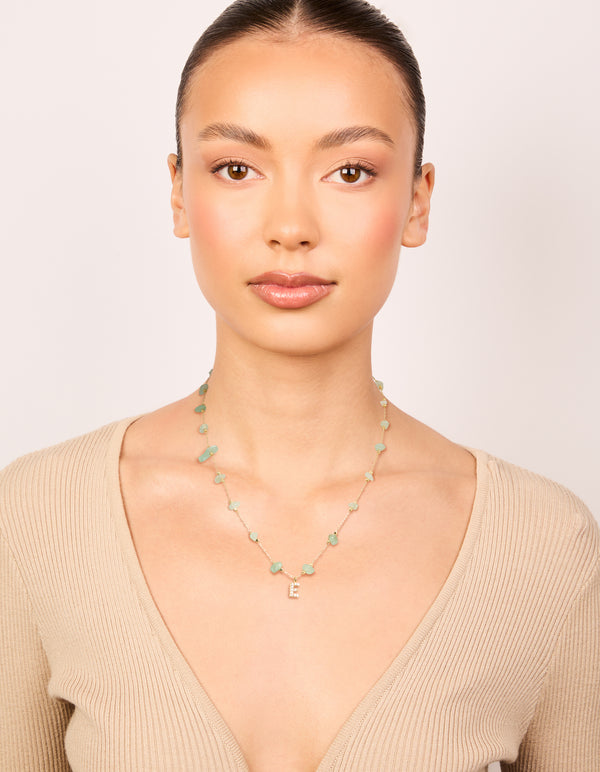 Gold Plated Green Aventurine Semi Precious Stone & Cubic Zirconia Letter E Necklace