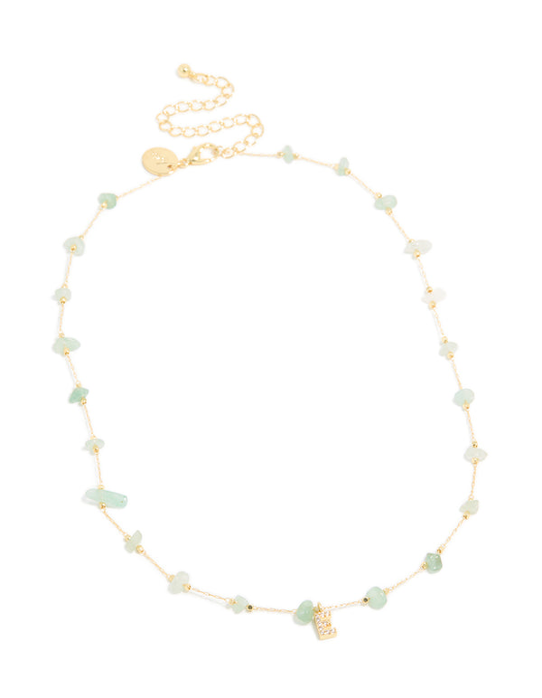 Gold Plated Green Aventurine Semi Precious Stone & Cubic Zirconia Letter E Necklace