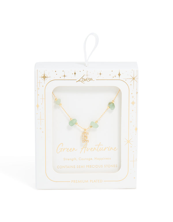 Gold Plated Green Aventurine Semi Precious Stone & Cubic Zirconia Letter E Necklace