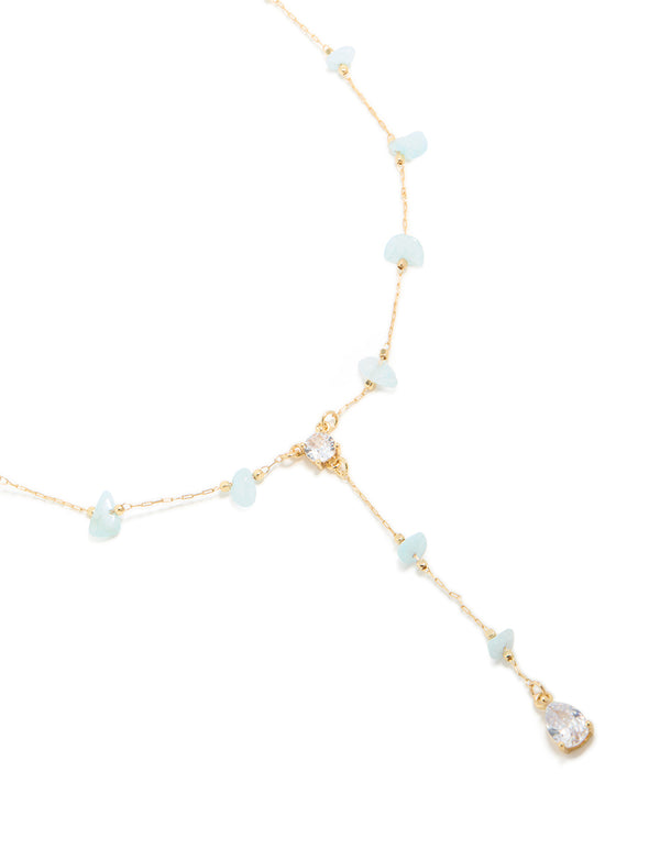 Gold Plated Blue Semi-Precious Stones Cubic Zirconia Pendant Y-Necklace
