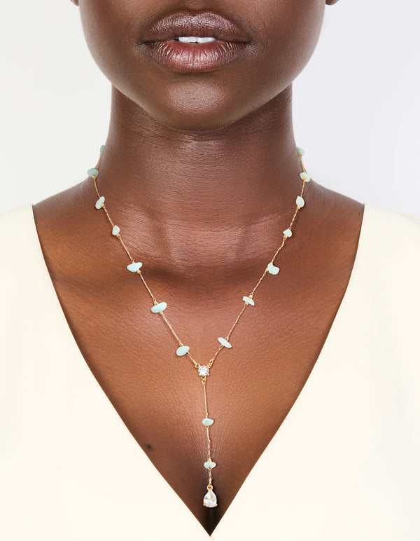 Gold Plated Blue Semi-Precious Stones Cubic Zirconia Pendant Y-Necklace