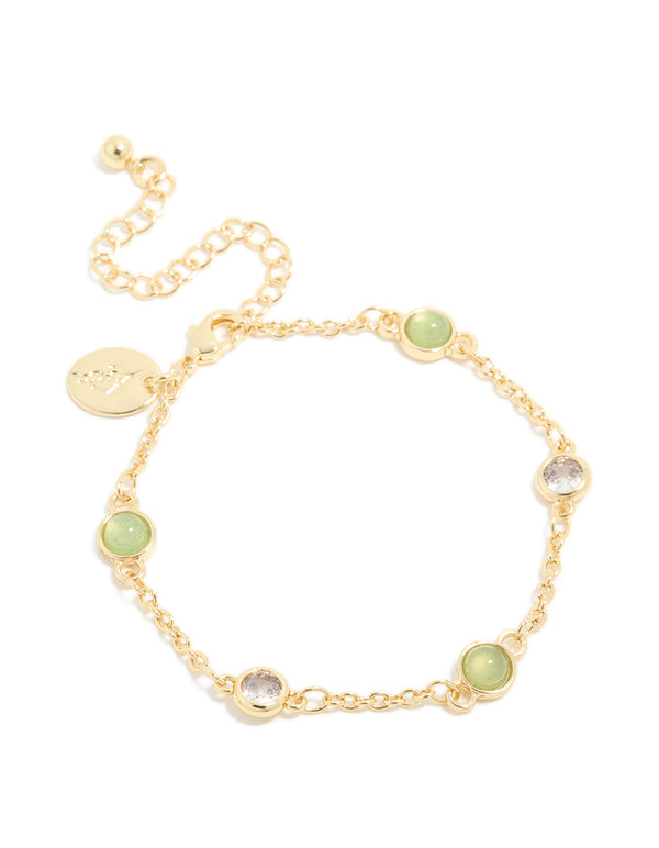 Featuring a gold plated green aventurine bracelet with cubic zirconia, crafted in a delicate chain style front view