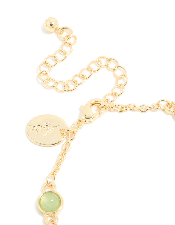 Explore a gold plated green aventurine bracelet with cubic zirconia, showcasing the closure detail view