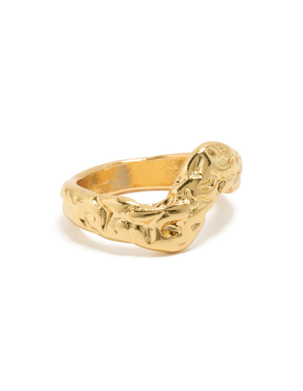 Showcasing waterproof gold plated stainless steel molten curved front ring in chunky style front view