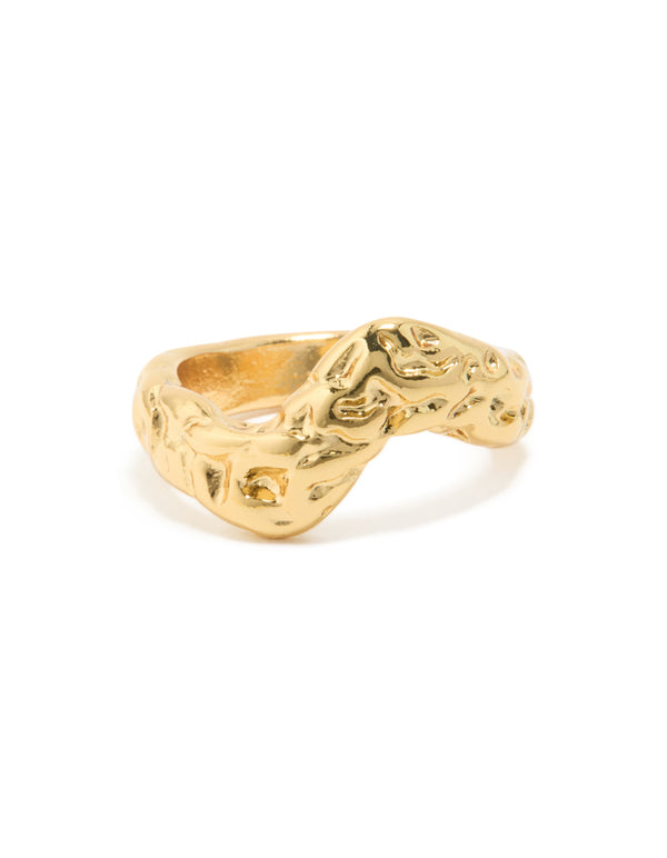 Presenting waterproof gold plated stainless steel molten curved front ring in chunky design close up view