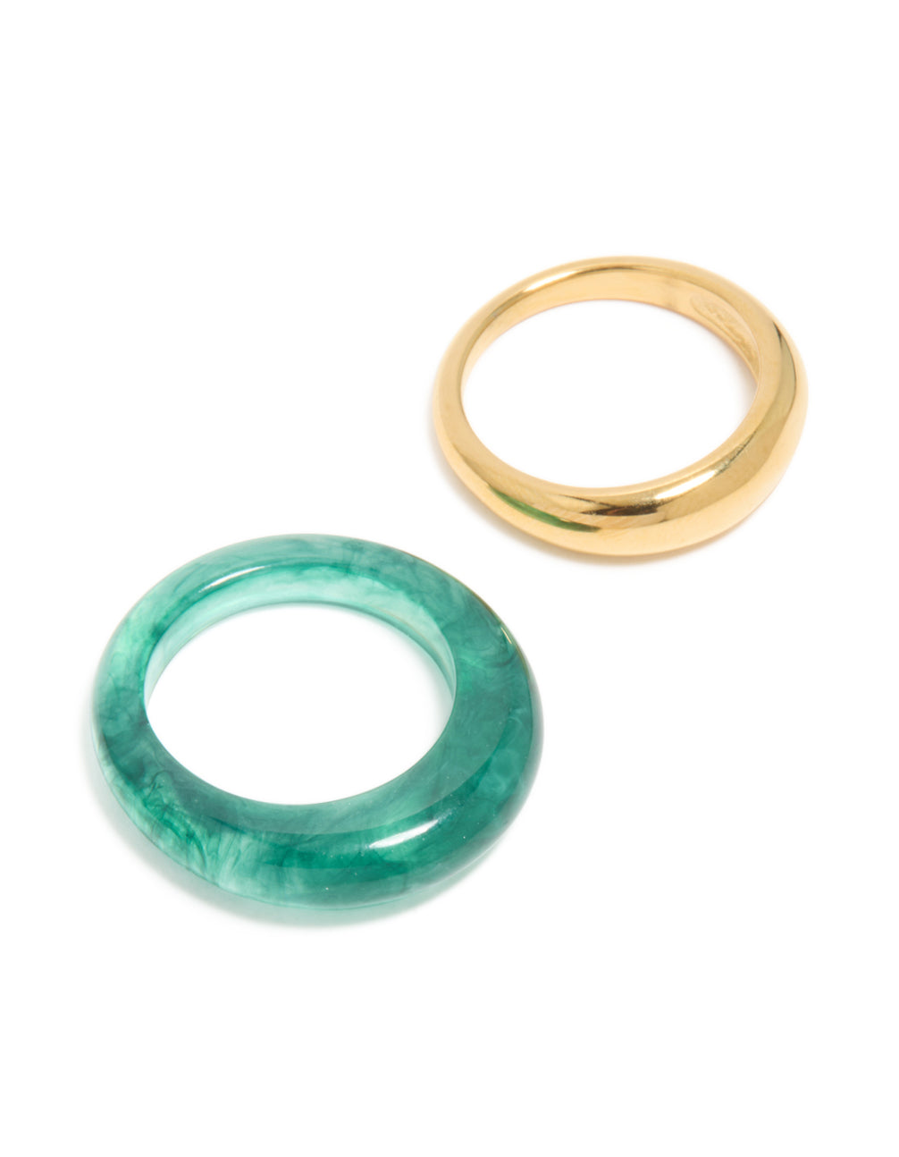 Featuring waterproof gold plated stainless steel and teal modern thin stacking rings in a 2-pack front view