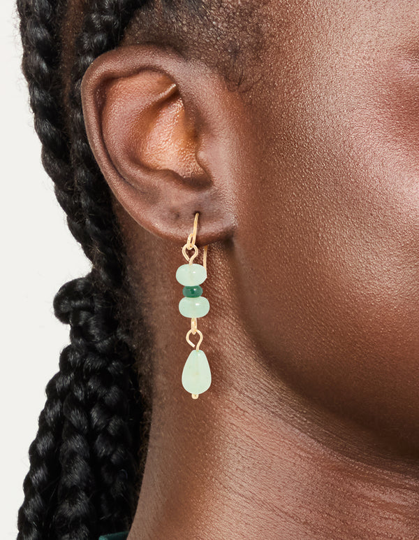 Gold Green Jade Semi Precious Stone Beaded Drop Earrings