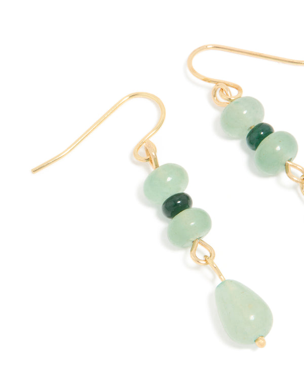 Gold Green Jade Semi Precious Stone Beaded Drop Earrings