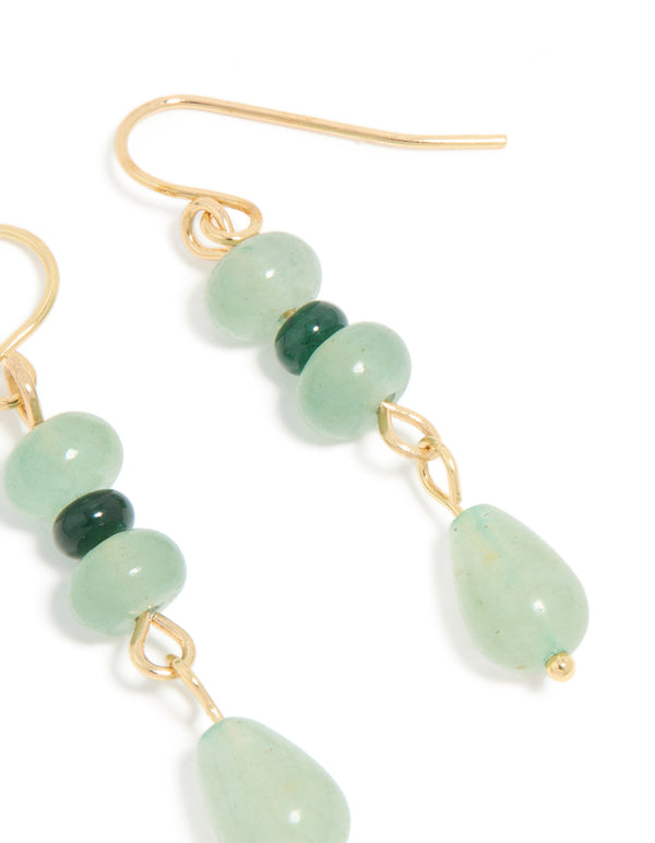 Gold Green Jade Semi Precious Stone Beaded Drop Earrings