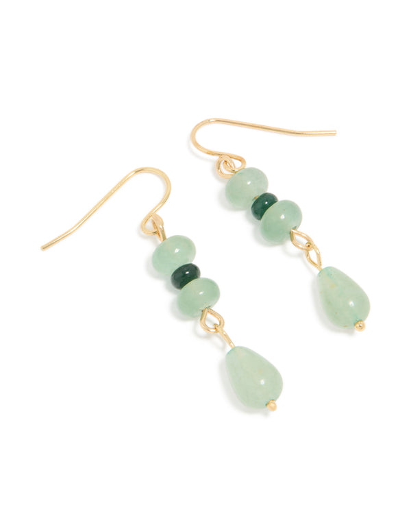 Gold Green Jade Semi Precious Stone Beaded Drop Earrings