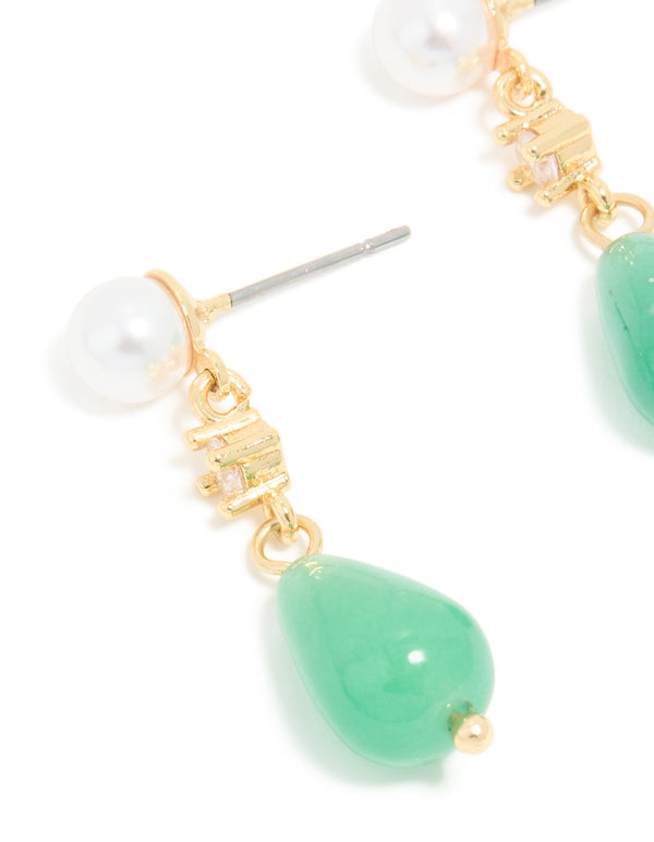 Gold Plated Mini Jade Semi Precious Stone & Cubic Zirconia Drop Earrings