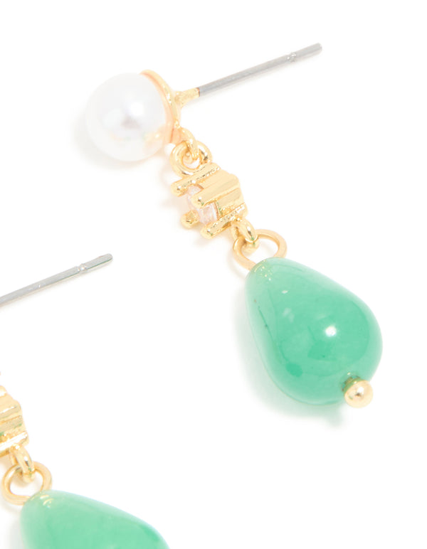 Gold Plated Mini Jade Semi Precious Stone & Cubic Zirconia Drop Earrings