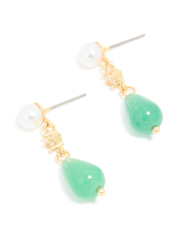 Gold Plated Mini Jade Semi Precious Stone & Cubic Zirconia Drop Earrings