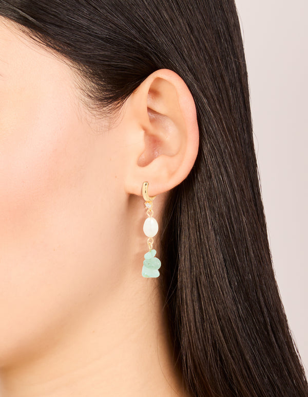 Elegant gold drop earrings featuring green jade, freshwater pearl and cubic zirconia accents on ear view