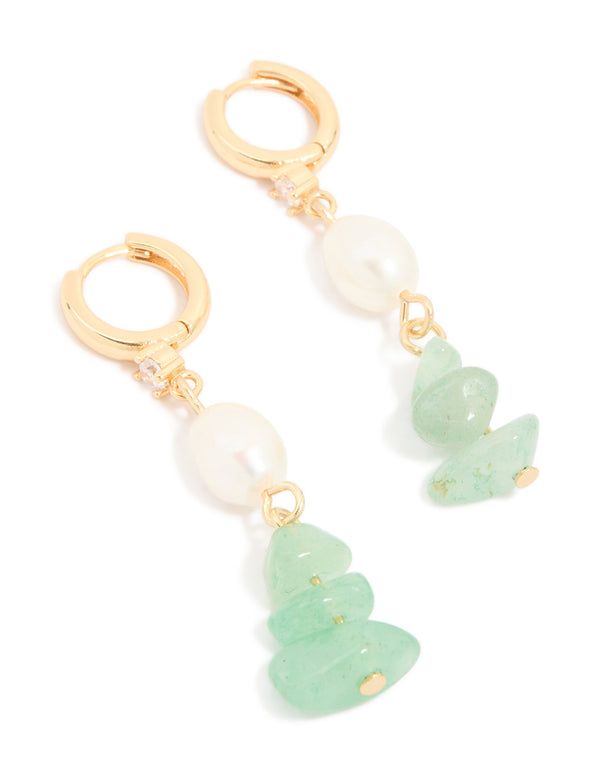 Showcasing statement drop earrings featuring jade, freshwater pearl, cubic zirconia in gold and ivory pale green front view