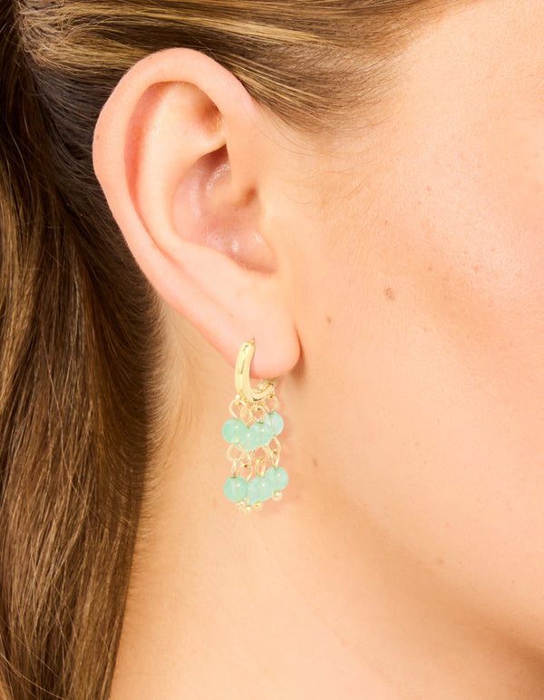 Gold Green Jade Semi Precious Stone Beaded Fringe Drop Earrings