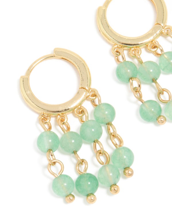 Gold Green Jade Semi Precious Stone Beaded Fringe Drop Earrings