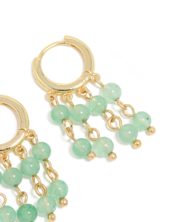 Gold Green Jade Semi Precious Stone Beaded Fringe Drop Earrings