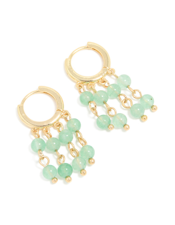 Gold Green Jade Semi Precious Stone Beaded Fringe Drop Earrings